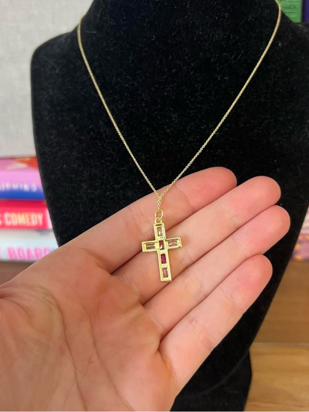 14k Gold Filled Colorful Cubic Zirconium Cross Necklace - Picture 4 of 6